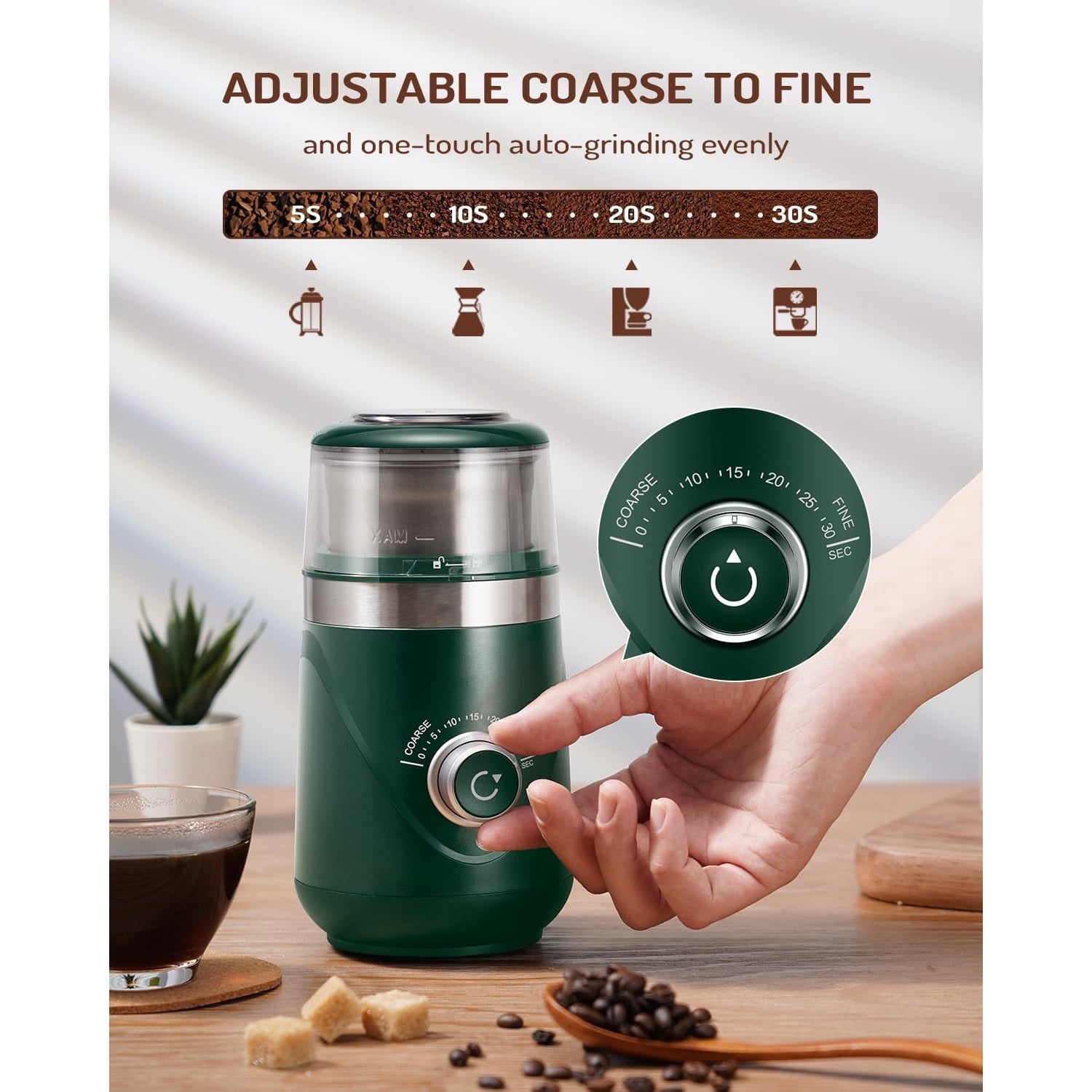 Electric Super Silent Blade Coffee Grinder, Timed Grind Control Rotary Knob, Adjustable Coarse to Fine for Coffee Beans, Spices & Herbs, with 1 Removable Stainless Steel Bowl, Green