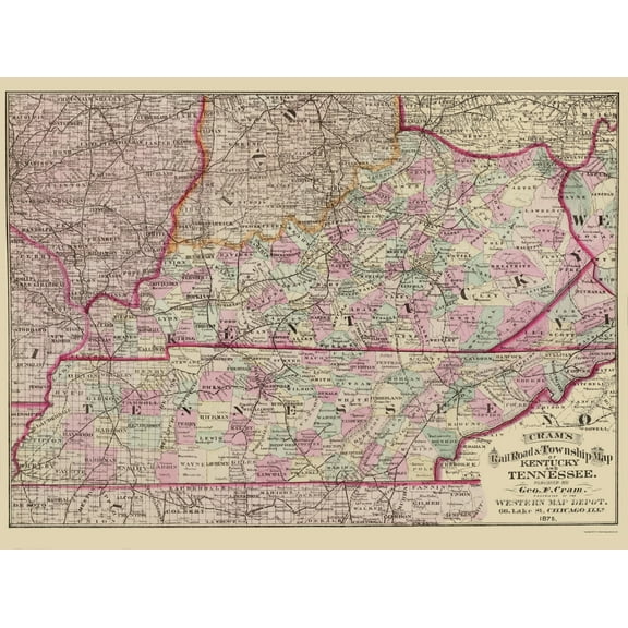 Railroad Map - Kentucky and Tennessee Railroads and Townships 1875 - Vintage Wall Art