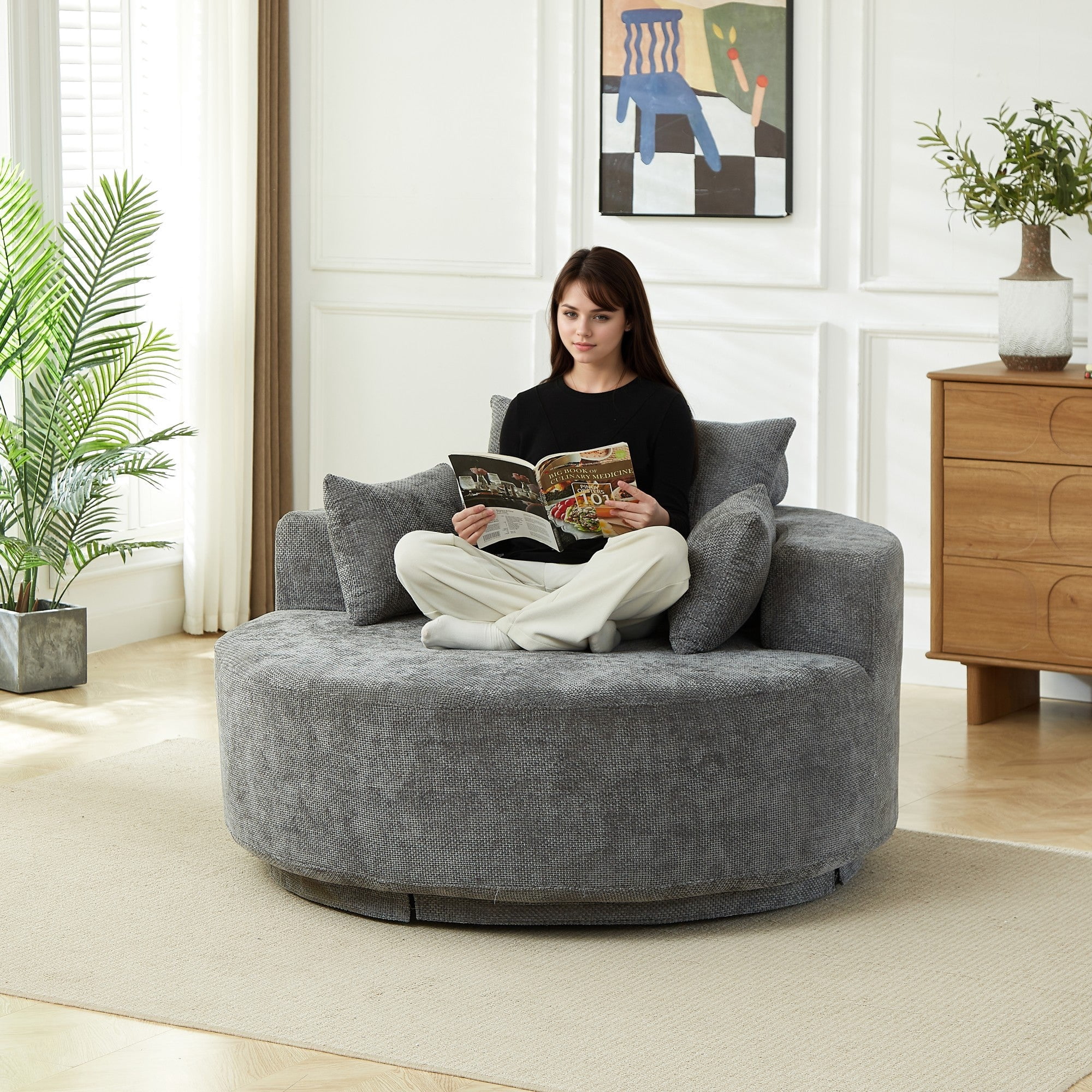 Sailvan 55" Chenille Fabric Swivel Chair, Modern Round Sleeper Sofa with 360 Degree Rotation, Fluffy Foam Lounge Chair for Living Room Grey