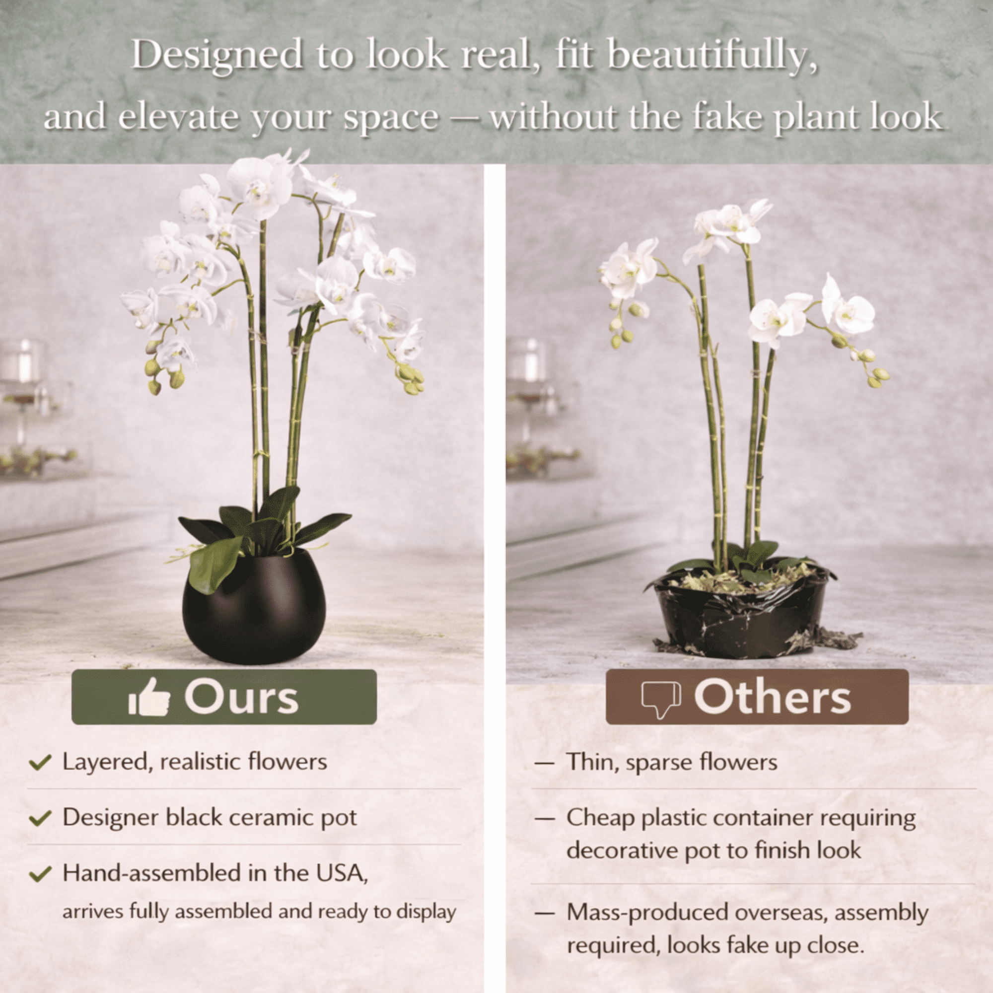 Artificial Plant, 2.67ft Artificial White Orchid in a Black Embossed Ceramic Pot by LCG Florals, Faux Designer Fake Indoor Tree for Living Room, Office, and Home Décor