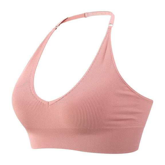 RYRJJ Women Halter Bra Top Yoga Bralette Crop Tanks Workout Sports Bras V Neck with Adjustable Spaghetti Strap Seamless Padded T Shirt Bra(Pink,M)