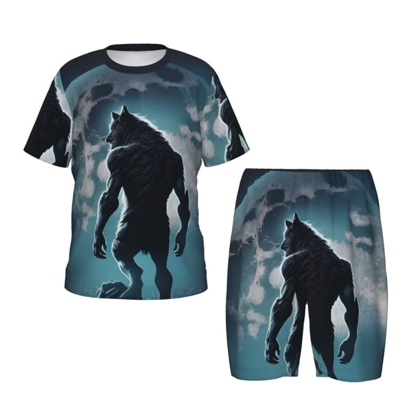 Balery Moon Wolf Warrior Conjunto de Pijama Infantil de Manga Corta con Estampado – Ropa de Dormir de Algodón Suave-Large
