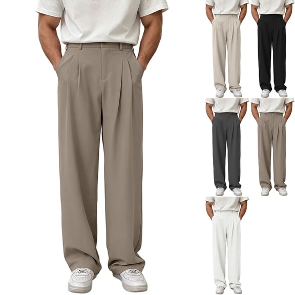 Men's Old Money Dress Pants Pleated Wide Leg Golf Trousers High Waisted Loose Fit Slacks Button Closure with Pockets for Business Office Fall, Khaki, XL