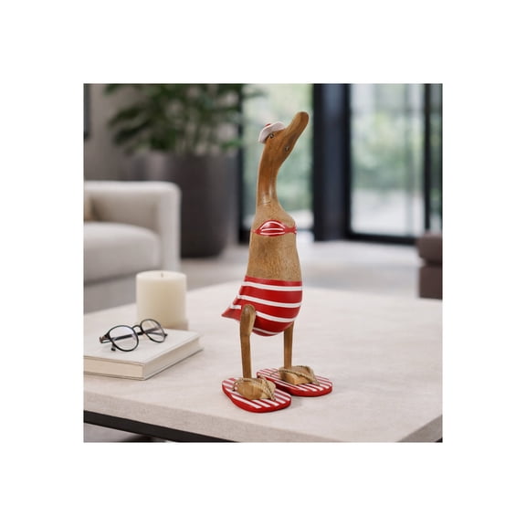 Decorative Bikini Duck Figurine for Home Decor - Wooden Sculpture for Bathroom, Office, and Living Room Decor - Quirky Accent for Shelf Display, Coffee Table, or Entryway - 12", Brown & Red