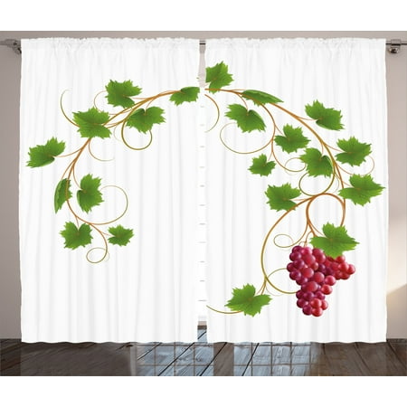 Grapes Home Decor Curtains 2 Panels Set, Curved Ivy Branch Deciduous Woody Wines Seed Clusters Cabernet Kitchen, Window Drapes for Living Room Bedroom, 108W X 90L Inches, Green Purple, by Ambesonne