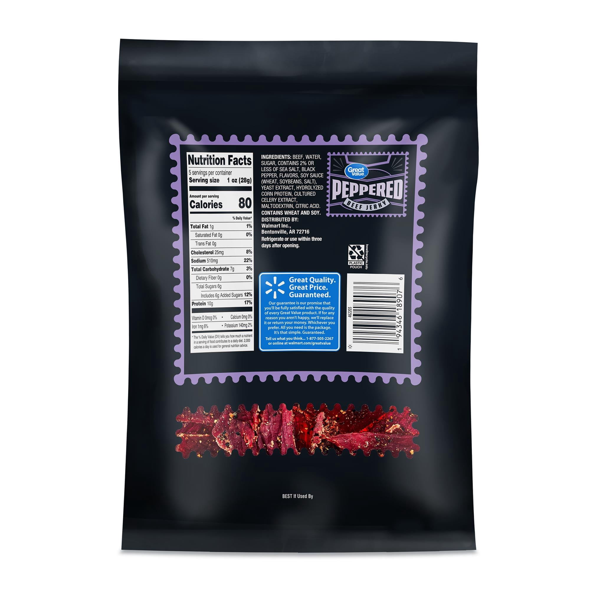 (8 pack) Great Value Peppered Beef Jerky, 5 oz