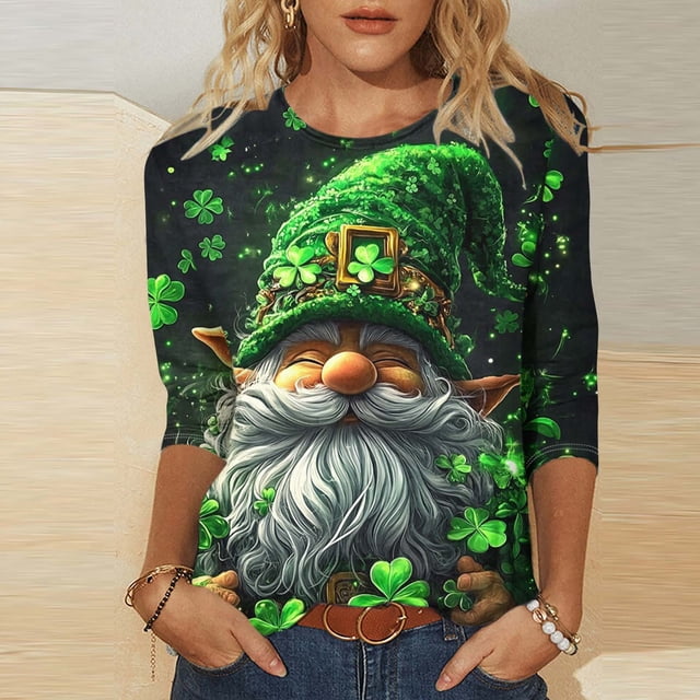 TaTaai St. Patrick's Day Women's Casual Print Round Neck 3/4 Sleeve T-Shirt Loose Top Gift