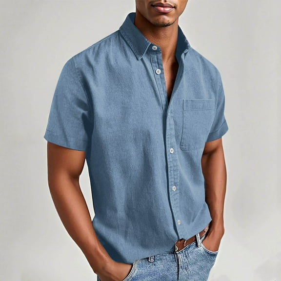 Fnnxeal Mens Casual Button Down Shirts, Collared Men's Shirt with Short Sleeves Summer Shirt for Men Solid Breathable Shirts Sky Blue M