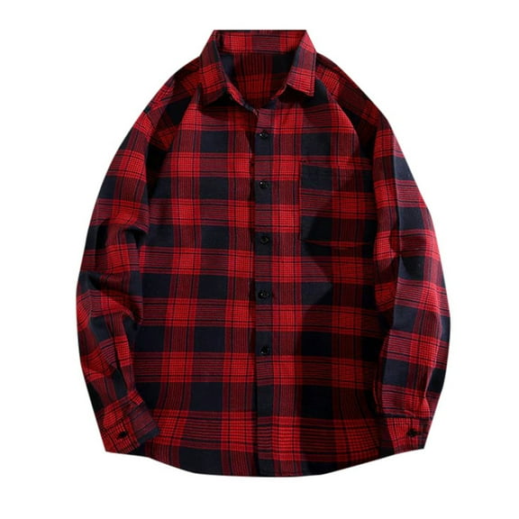 Mens Casual Button Down Shirts Autumn Winter Plaid Print Lapel Long Sleeve Loose Trendy Breathable Tops Daily-Wear