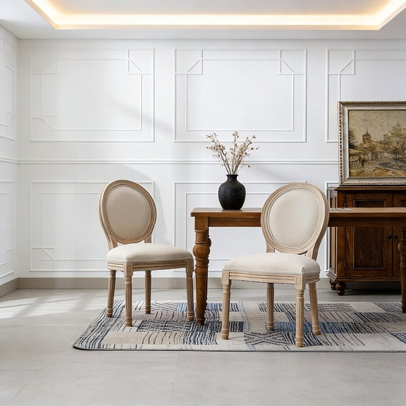Cream Linen Fabric Oval Back Dining Chair Set of 2, French Style Solid Wood Frame, Upholstered Seats for Kitchen Living Room