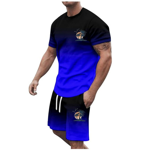 toraway Men's Suits Modern Fit Casual Men's Summer Tracksuit Plus Size Short Sleeve O Neck Athletic Suit Casual Color Block Drawstring Waist Tracksuit Set XL