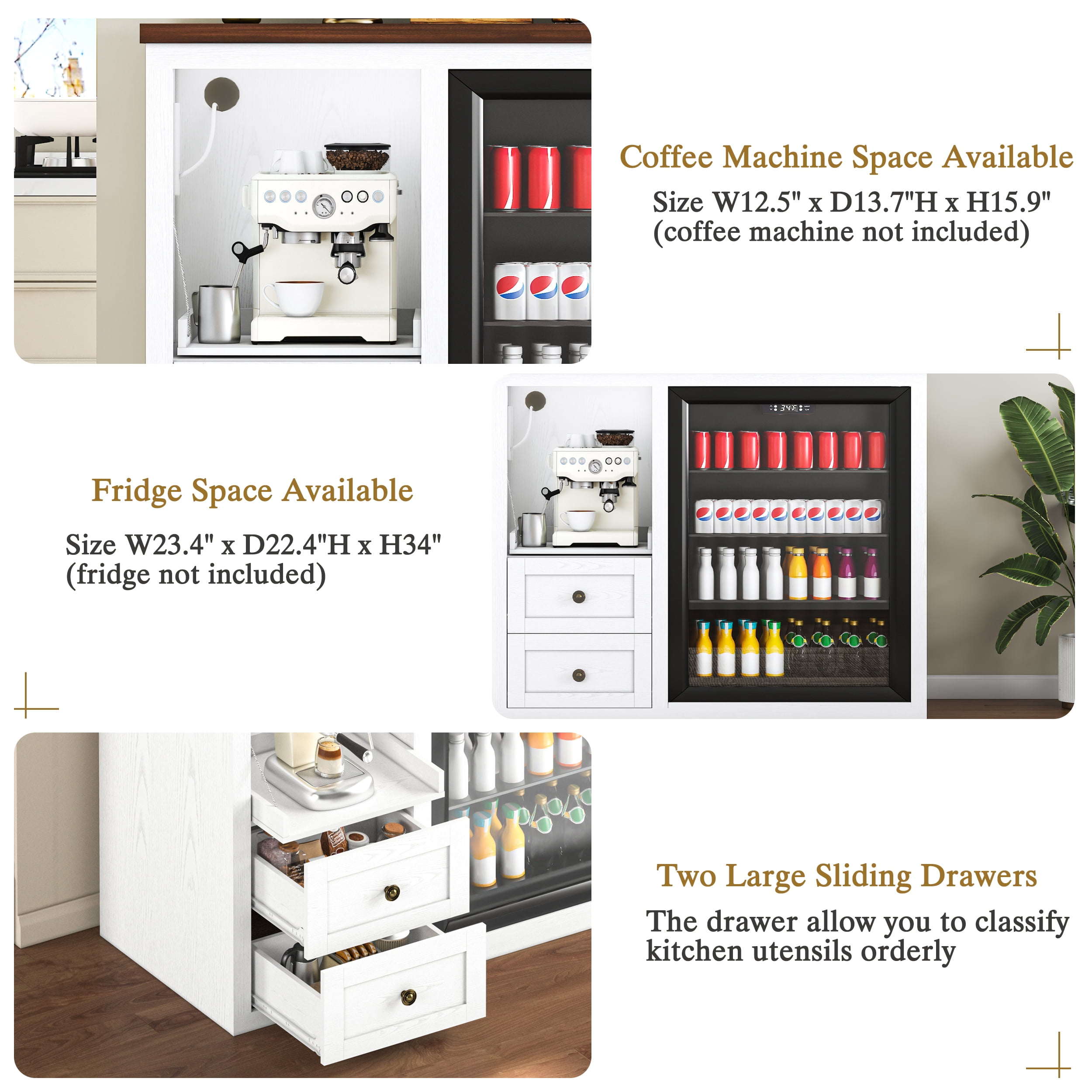 JassmiPkwy Mini Fridge Stand with Built-in Storage, Coffee Bar Cabinet with 2 Drawers & Power Outlet, for Coffee Maker, Microwave, White