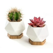 K-Cliffs White Diamond Shape Ceramic Succulent  Pots with Bamboo Trays, Set of 2 3.5L*3.5W*3H in ,Pot:3.5*3.5*2.6H in, Saucer: 2.75L x 2.75W x 0.5H