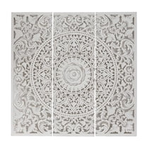 DecMode White Wooden Handmade Intricately Carved Floral Wall Decor with Mandala Design (3 Count)