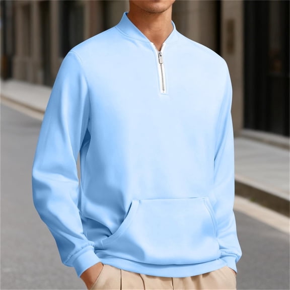 CQONEPT Men's Big and Tall 1/4 Sweatshirt Fall Fashion Casual Pullover Sweatshirts Sports Outdoor Winter Cloth with Kangaroo Pocket Light Blue L