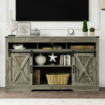 Farmhouse TV Stand for 65 Inch TV, 34'' Tall Entertainment Center with Sliding Barn Doors, Rustic Wood Media Console Storage Cabinet Television Stand for Living Room, Bedroom Light Grey