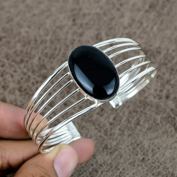 925 Sterling Silver Black Onyx Gemstone Handmade Cuff Bangle Adjustable