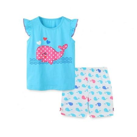 

Sunwukong Toddler Girl Shirt Short Pants Sets Cute Animal Cartoon Applique Summer Outfits Set