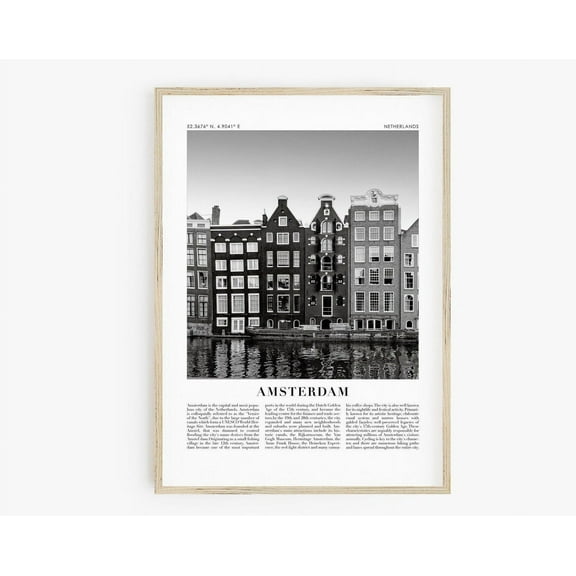 Amsterdam Travel Poster, Black And White Travel Print, City Wall Art, Holland Poster, Coordinate Print Wall Art, Modern Wall Decor, 8x12 UNFRAMED