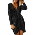 thumbnail image 2 of BLTIBY Womens Sequin Evening Dress Hip Wrap V-Neck Ruched Waist Long Sleeve Glitter Cocktail Party Slim Formal Gown with High Split Black L, 2 of 6