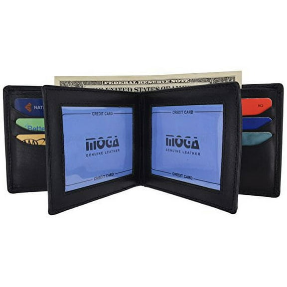 Moga Men's Bifold Genuine Leather Wallet With Double Center Flap And 3 ID Windows (Black)