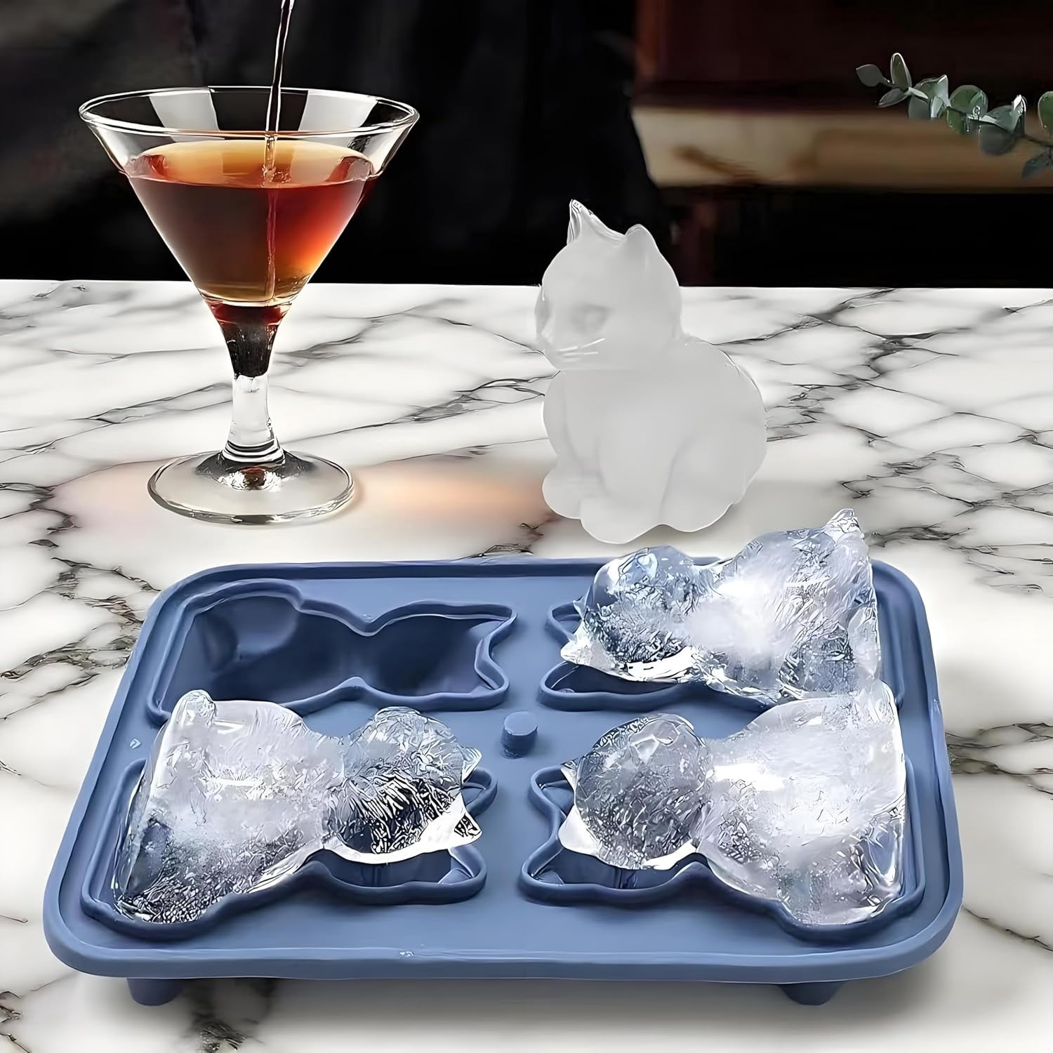 3D Cat Silicone Ice Cube Mold with Funnel - Whiskey & Cocktail Ice Trays for Bourbon, Brandy, Fast Freeze BPA-Free, Easy Release Novelty Gift for Men (blue)