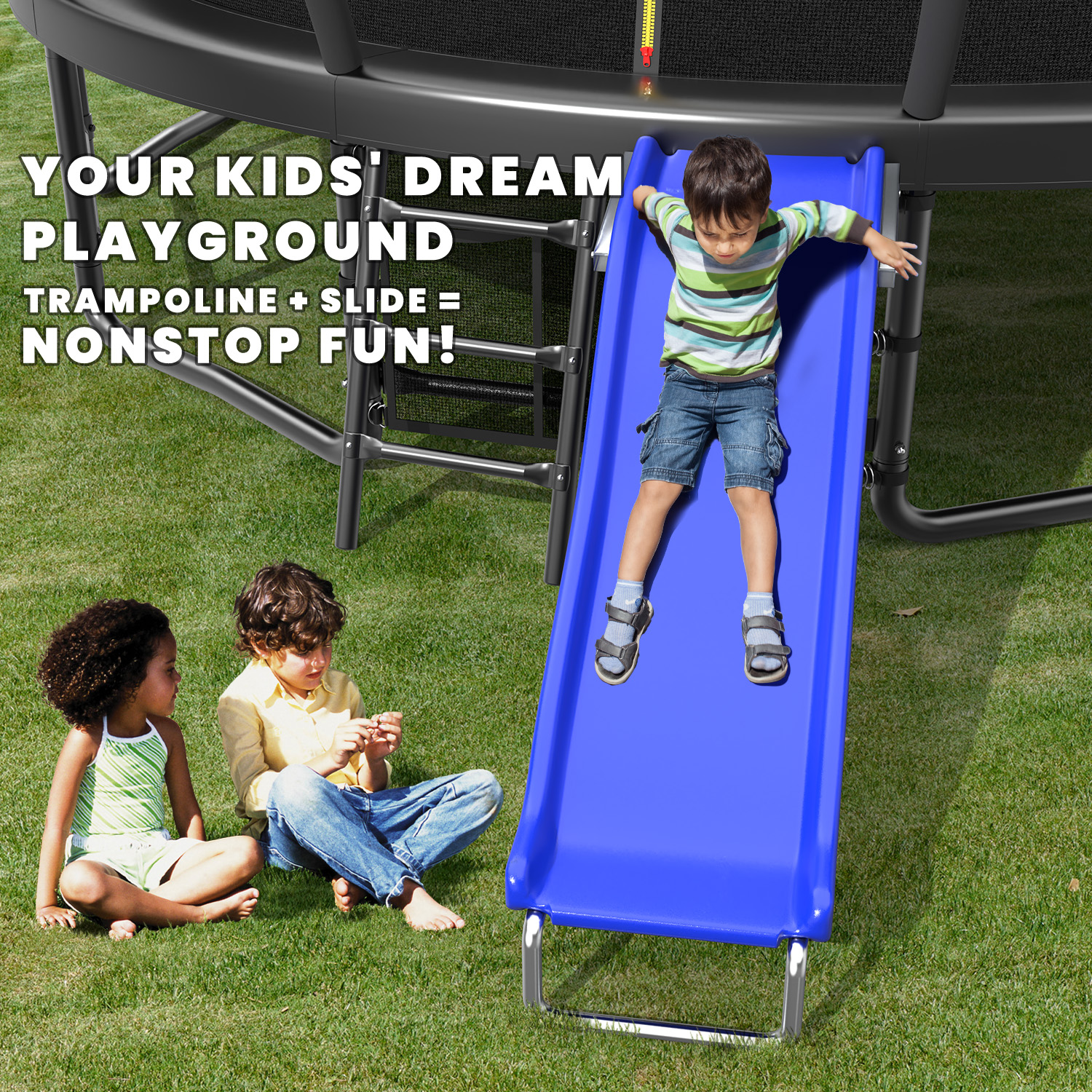 Mersco 16FT Heavy Duty Trampoline with Enclosure Net , Slide Outdoor Big Trampoline for Backyard,Kids Trampoline with Basketball Hoop,Birthday and Holiday Gifts for Kids,Black