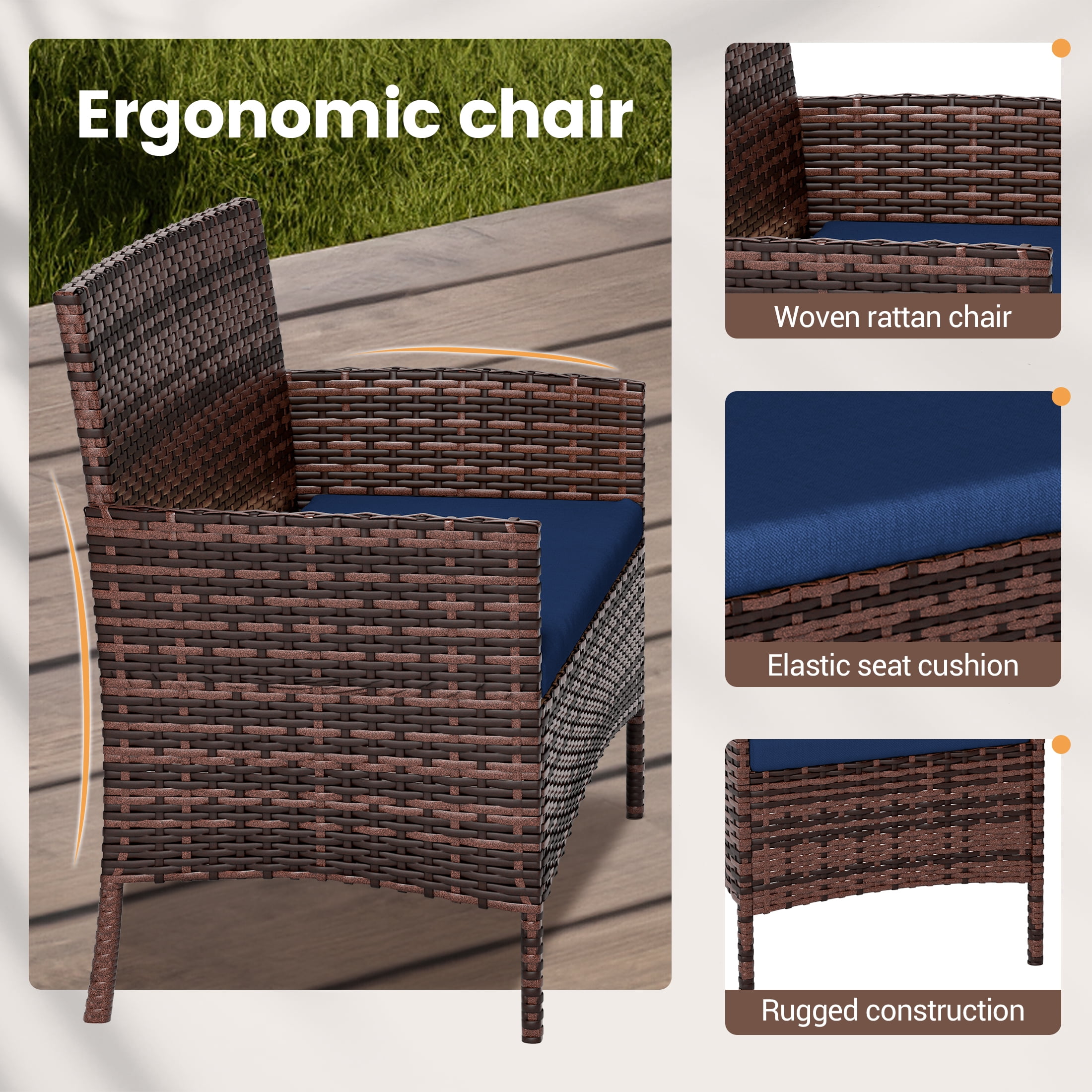 UDPATIO 4 Pieces Outdoor Patio Furniture,Sectional Conversation Sets,Brown PE Rattan Patio Chairs with Table and Loveseat for Balcony, Porch, Backyard,（Navy Blue Cushion）