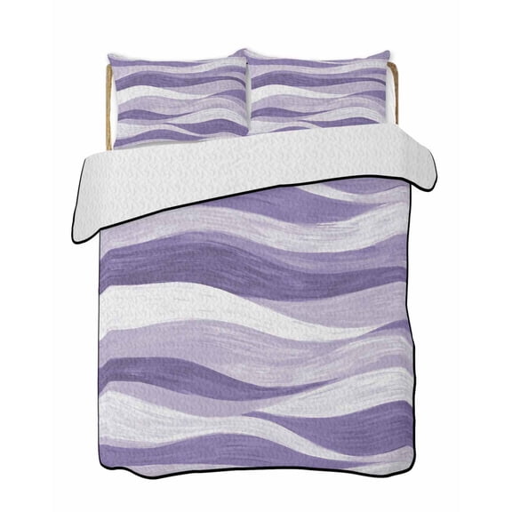 Quilts Queen Size Bedding Set, Purple Ombre Lightweight Quilted Comforter, Modern Moire Abstract Art Aesthetics Soft Reversible Bedspread Coverlet with Pillow Covers for All Season, 90" x 96"