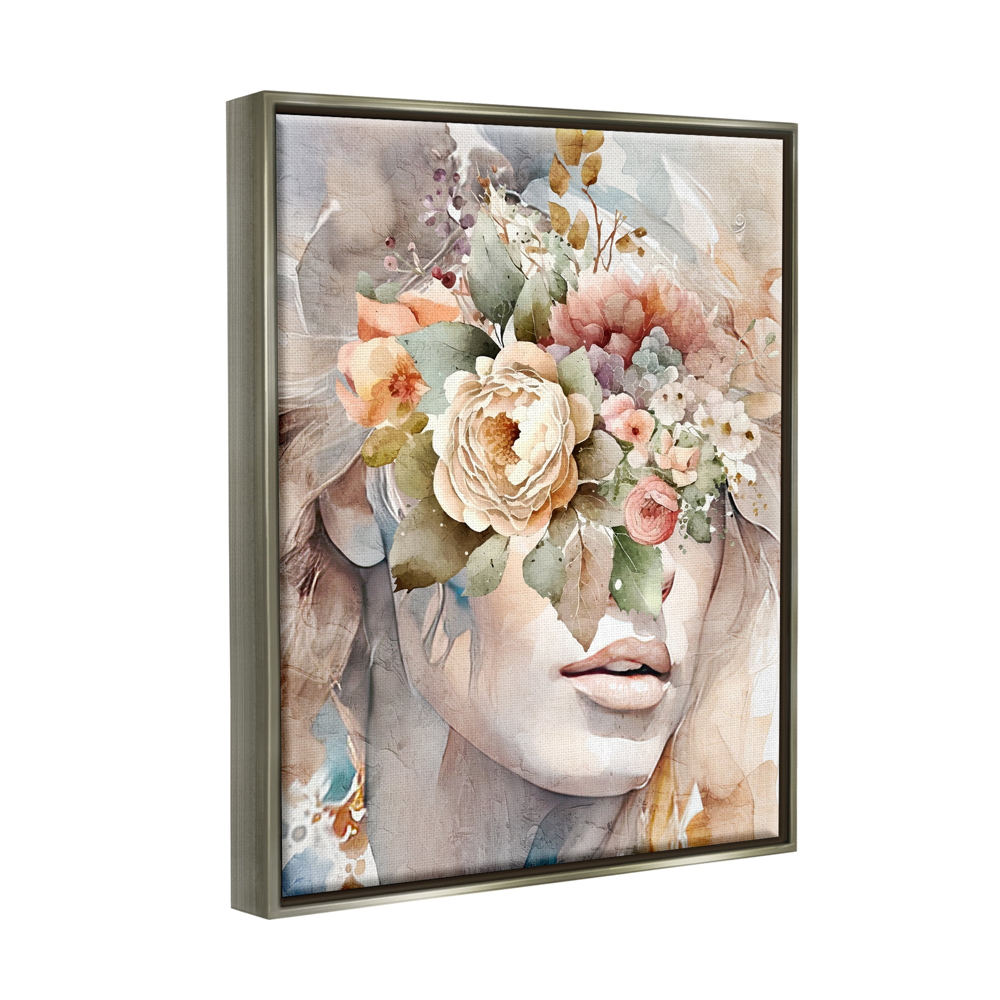 Stupell Industries Female Floral Abstraction Botanical & Floral Painting Gray Floater Framed Canvas Art Print Wall Art, 25 x 31