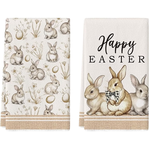 Bow Rabbit Bunny Eggs Flowers Happy Easter Spring Kitchen Towels Dish Towels, 18x26 Inch Farmhouse Summer Decoration Cleaning Set of 2