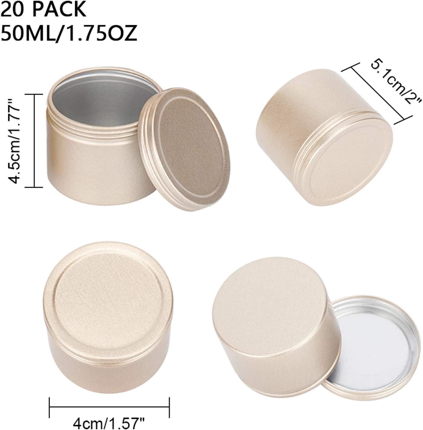 1.7oz Metal Tins 20 Pack Deep Solid Slip Top Round Tin Containers with Lids Metal Storage Tin Jars for Cosmetics Party Favors and Gifts Light Gold