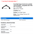 thumbnail image 2 of Front Right Upper Control Arm and Ball Joint Assembly - Compatible with 1998 - 2011 Ford Ranger - Moog, 2 of 2