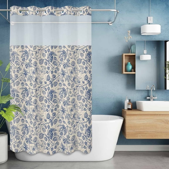 No Hook Shower Curtain with Snap in Liner, Vintage Pastoral Floral Botanical Leaf Waterproof Fabric Bathroom Curtain Mesh Top Window, Rustic Burlap Shower Curtains 36x72in