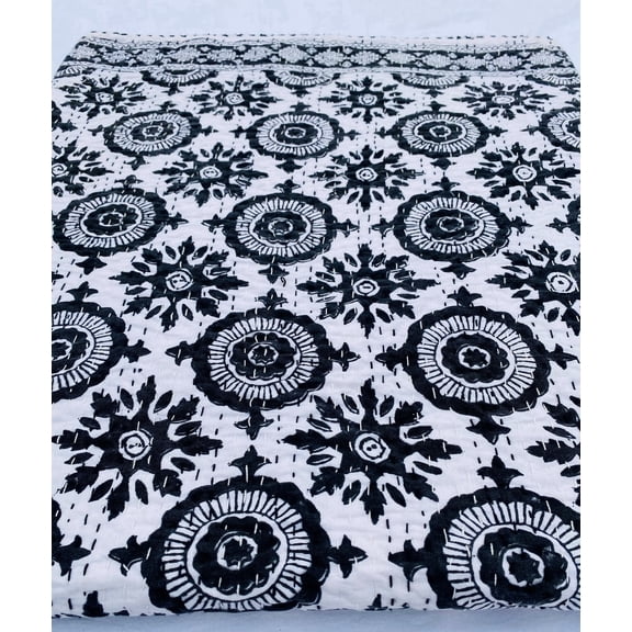 Black and White Mandala Kantha Quilt Handmade Cotton Bedspread Hand-Stitched Indian Blanket Lightweight Boho Bedding Quilt