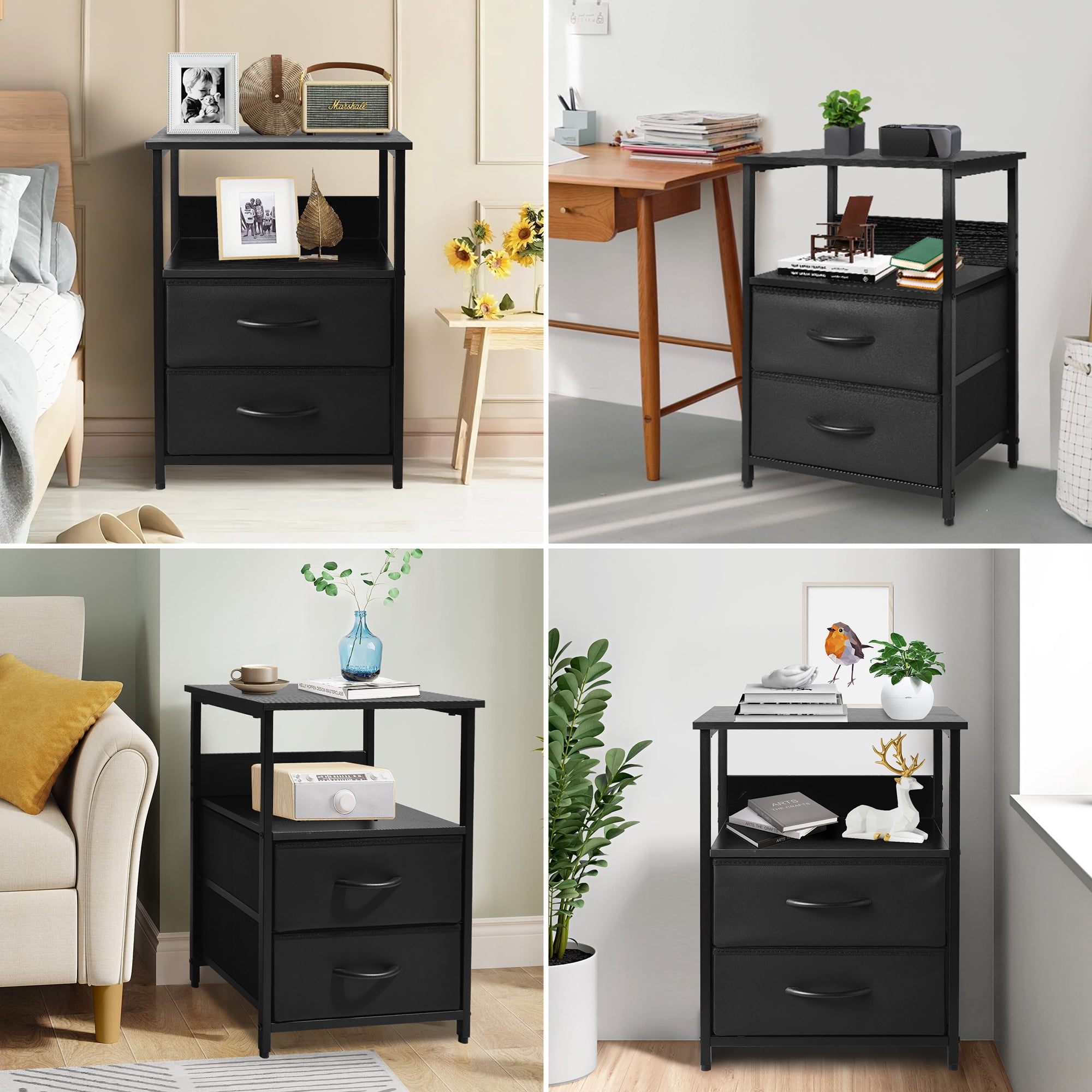 OUTMASTER Black Nightstand with 2 Drawers,Sturdy Bedside Table for Bedroom,Classic Bedroom Side Table