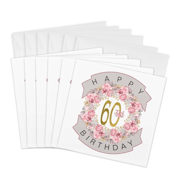 3drose, Pretty Pink Floral Wreath Happy 60th Birthday, 6 Greeting Cards with Envelopes