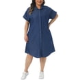 thumbnail image 6 of Agnes Orinda Women's Plus Size Jean Denim Dress Lapel Short Sleeve Button Down Curved Hem Casual A Line Midi Dresses with Pockets 1X Dark Blue, 6 of 9
