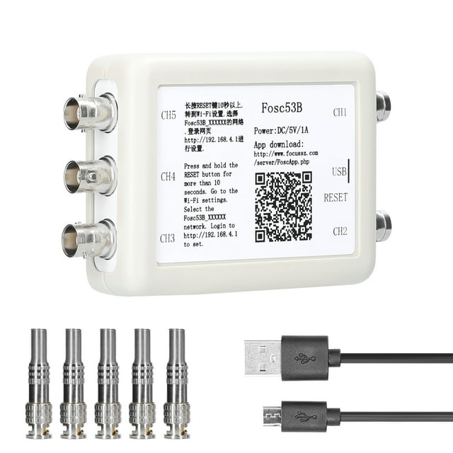 5-Channel Wireless & USB Digital Oscilloscope, 150kHz Sampling Rate, 0-50kHz Frequency Range, 8M Data Depth, Wi-Fi 2.4G & Micro USB 2.0 Connectivity, 115x70x29mm Portable Design, Data Recorder for PC