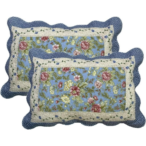 2-Piece Boho Cotton Quilted Bed Pillow Shams Floral Printed Patchwork Pillow Shams Set, Standard Size (516, 20"x28")