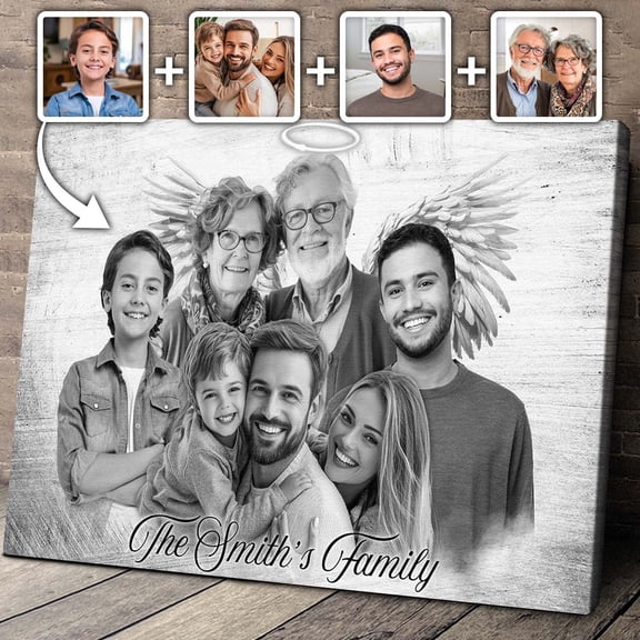 Catygift - Custom Combine Photos Of Loved Ones From Different Images - Canvas Wall Art - Black And White Canvas - Pencil Style Family Portrait - Unique Gift For Family Members