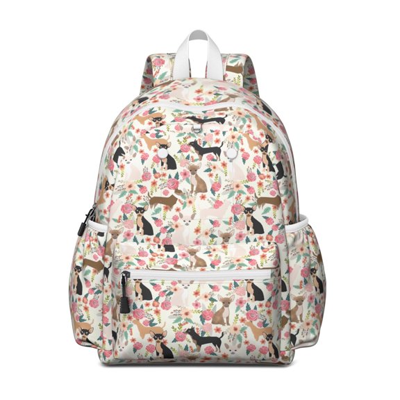 Chihuahua and Flower Backpack for School,Cute School Bag,Schoolbag with Adjustable Shoulder Straps & Padded Back,13.4"x11"x4.7"
