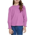 thumbnail image 2 of Cheap Kids Shirts Girls Tops Pleated Trim Long Sleeve Top Casual Crew Neck Pullover Tees Solid Color Blouse Shirt, 2 of 9