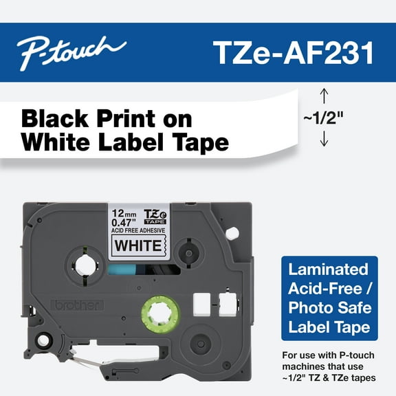 Brother Genuine P-touch TZEAF231 1/2" Black on White Acid Free Laminated Label Tape