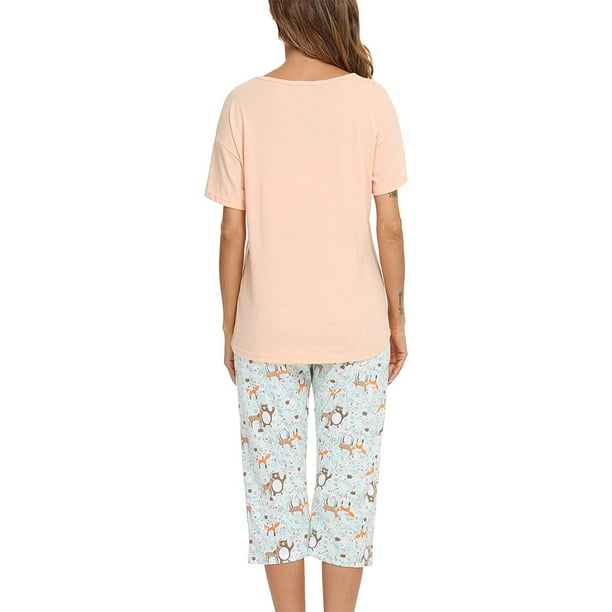 Womens Pajamas Set Cotton Short Sleeve Top with Capri Pants Pjs