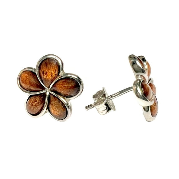 Hawaiian 925 Sterling Silver Koa Wood Plumeria Flower Stud Maui Hawaii 12mm Earrings