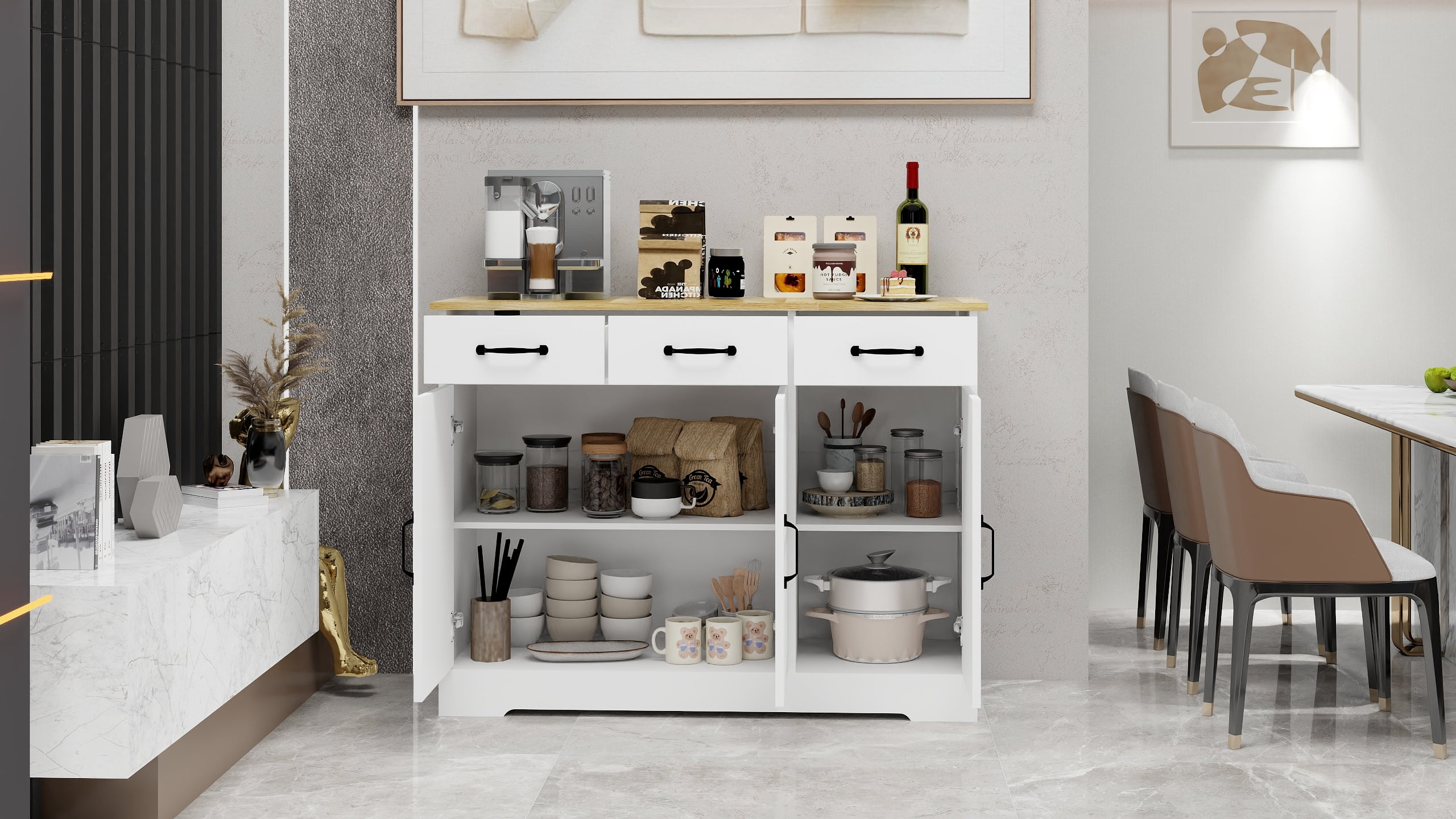 PORKISS Farmhouse Storage Cabinet with 3 Drawers and 3 Doors, Buffet Cabinet Sideboard for Dining Living Room Kitchen, 43" White