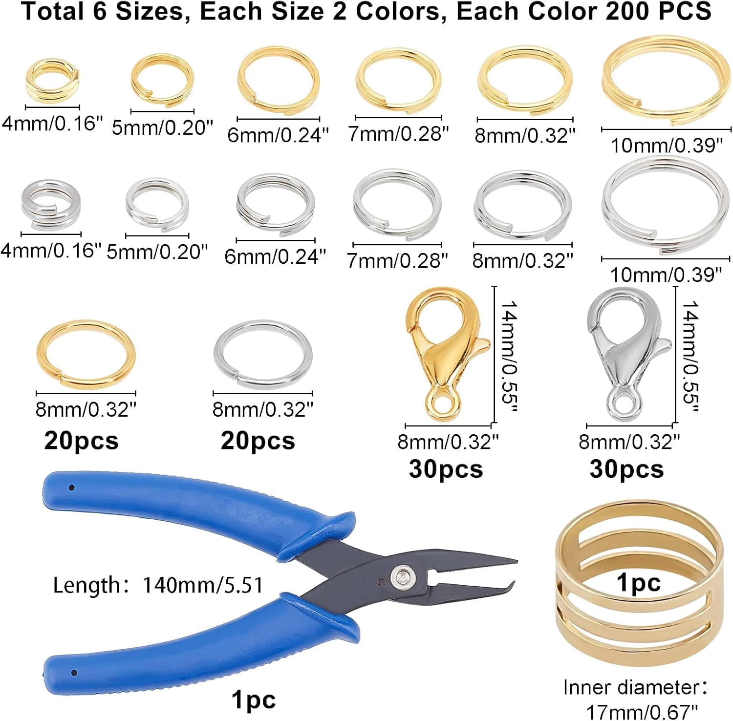 2500pcs Split Jump Rings Set Split Rings Jump Rings Lobster Claw Clasps with Jump Ring Opener Split Ring Opening Jewelry Pliers for Necklace Bracelet Jewerly Making Silver/Golden
