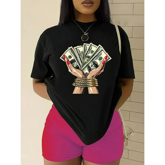 Dollar Print Crew Neck T-Shirt, Casual Short Sleeve T-Shirt For Spring & Summer, Women's Clothing