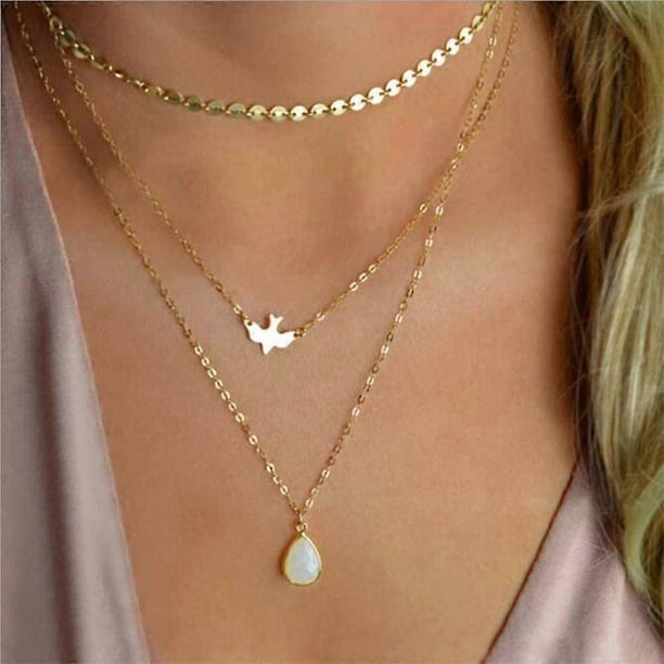 Bohemia Layered Choker Necklace Gold Disc Choker Dove Necklace Gemstone Necklace Pigeon Gem Charm Pendant Necklace Peace Jewelry for Women and Girls